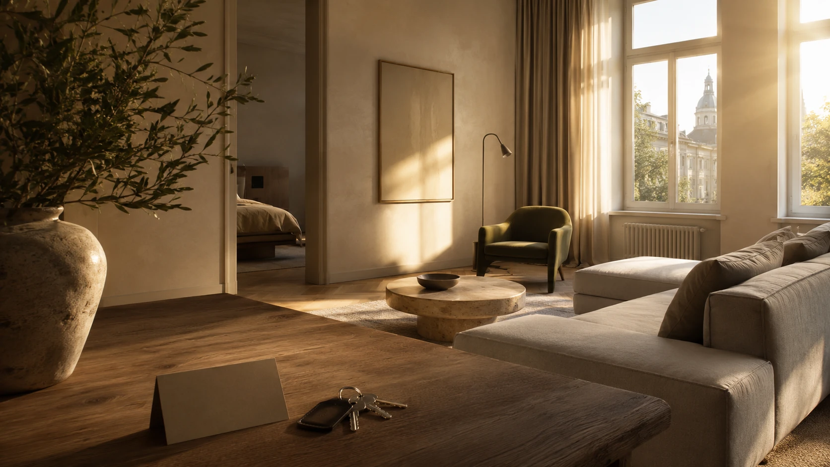 Sunlit living room with tall windows, neutral furnishings and a view of historic architecture