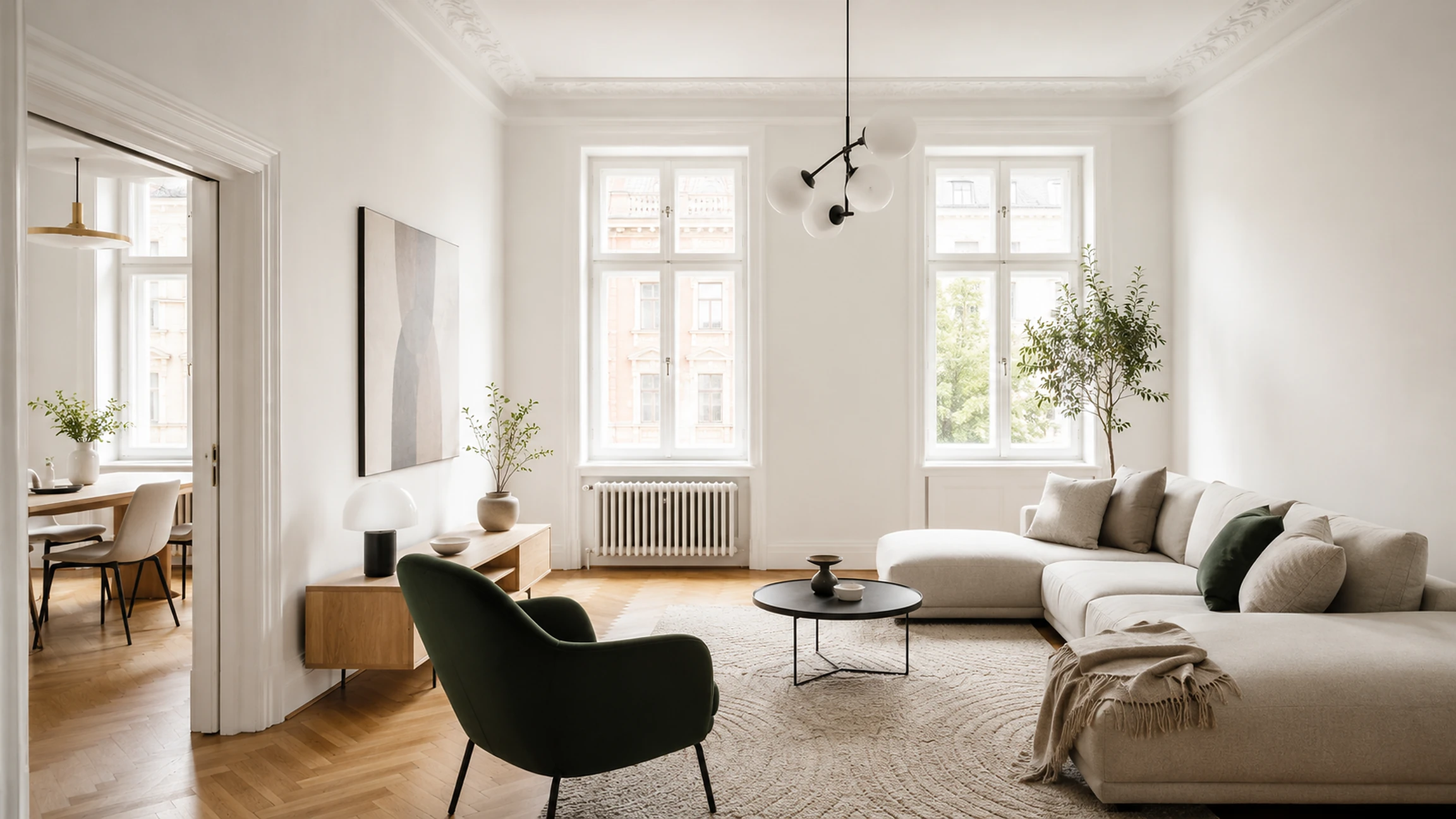 Bright apartment living room with parquet floors and restrained furnishings